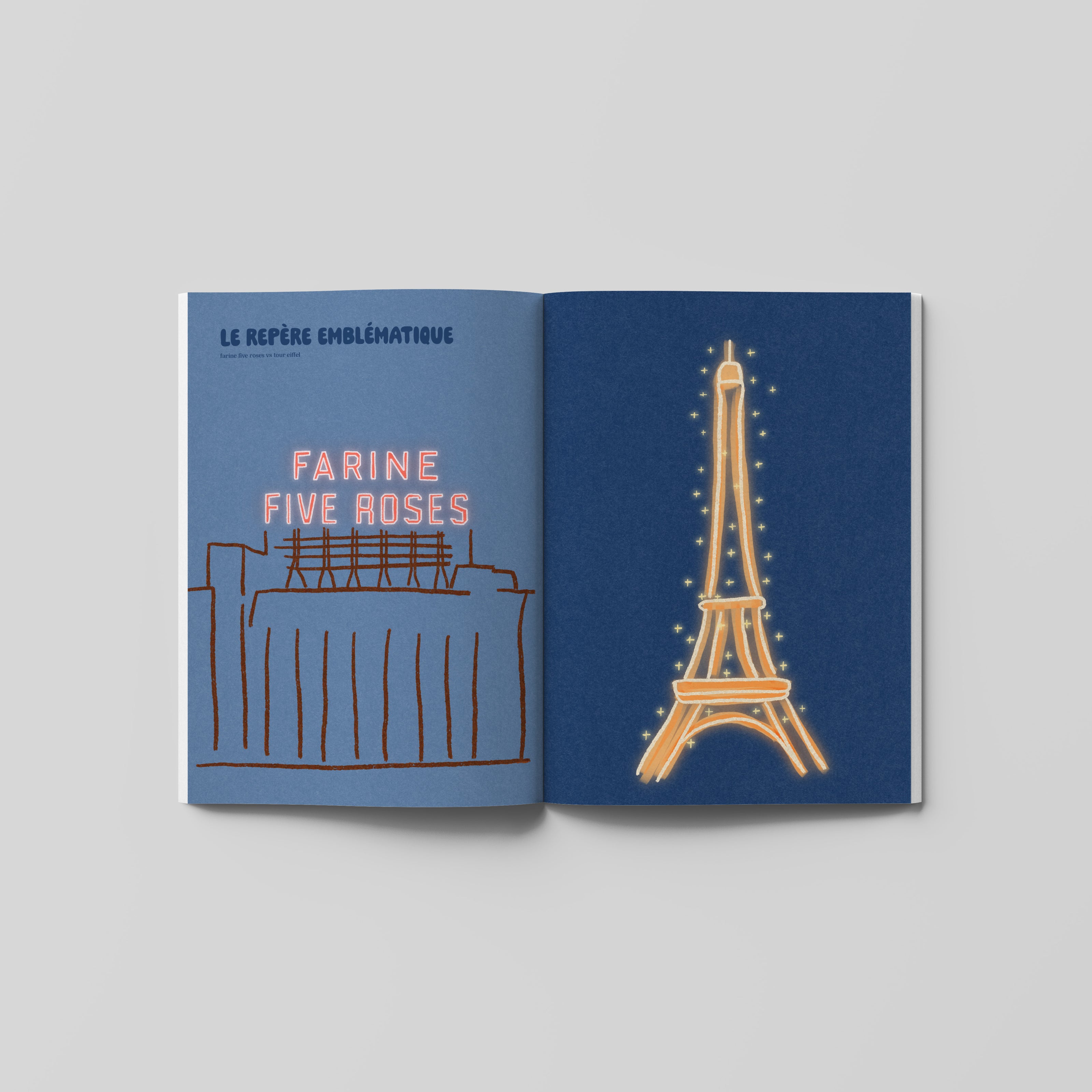 Montreal vs Paris by Alizee Castel opened on "The iconic landmark" page spread showing a comparison of Montreal's "Farine Five Roses" sign vs Paris' Eiffel Tower